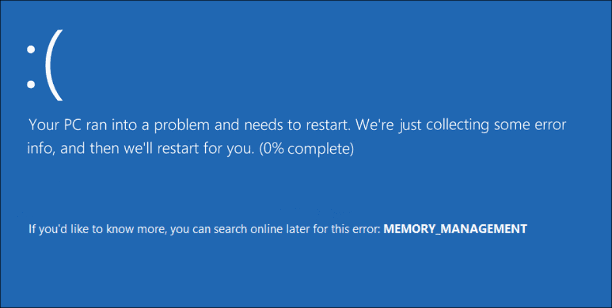 Windows Blue Screen of Death showing a MEMORY_MANAGEMENT stop error